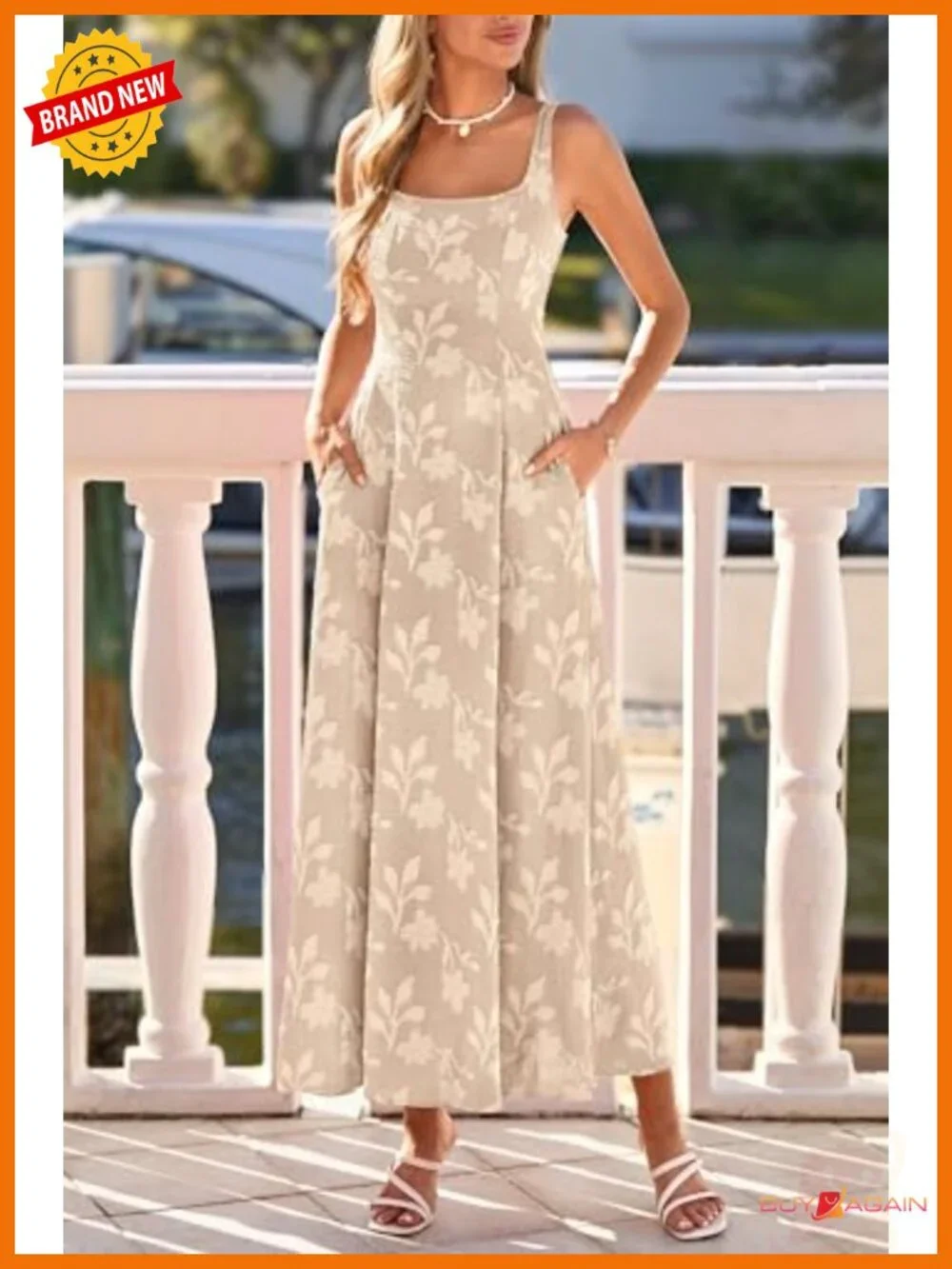 Womens Sleeveless Square Neck Jacquard Boho Maxi Dress with Pockets